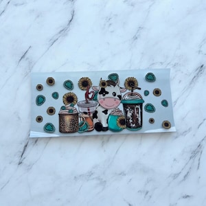 Make your own! Cow Iced Coffee UV DTF Transfer | Cup Wrap | 16oz Glass Tumbler | Coffee Lover | Glass Can | Transfer Sheet