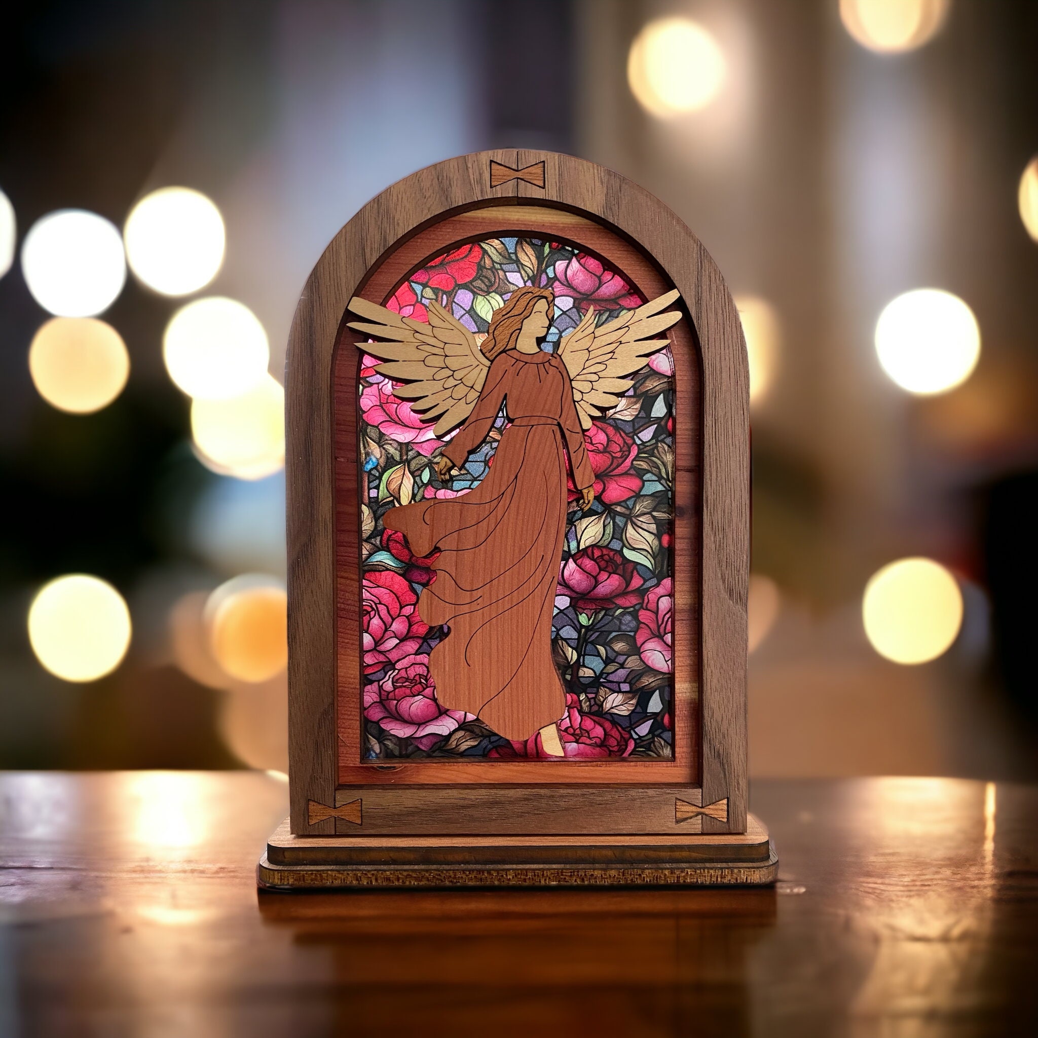 Angel Wooden Shelf or Window Sitter with Stained Glass Effect