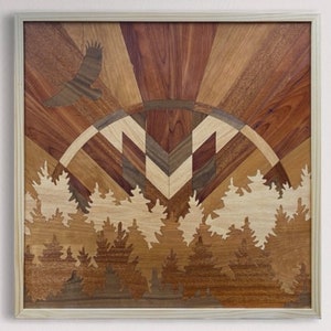 Forest Sunrise Eagle Wood Intarsia 24x24 Wall Art