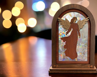 Angel Wood Inlay Shelf or Window Sitter Mantel Piece with Clear Iridescent Stained Glass Effect