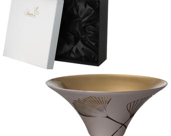 Hand-Blown Golden Glass Bowl,Etched Ginkgo Leaves – Decorative Fruit/Salad Display – Brown and Gold – Elegant Home Decor – 10.2 in (26 cm)