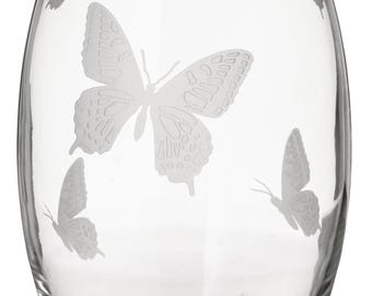 Butterfly Vase - Luxury Hand Blown Glass Vase - Etched Butterflies on Clear Glass - Satin Gift Box - 9.1 in (23 cm)