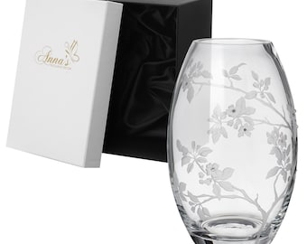 Luxury Mouth-Blown Glass Vase – Swarovski Crystals and Etched Floral Design – Premium Centerpiece – Satin Lined Gift Box – 9.1 in (23 cm)