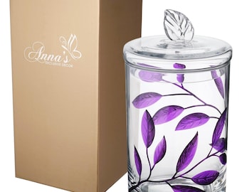 Decorative Glass Storage Container with Lid - Food Candy Display Jar Large - Etched Painted Leaves Decor - 11.4 in (29 cm) (Purple)