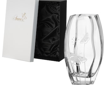 Butterfly Vase - Luxury Hand Blown Glass Vase - Sparkling Crystals & Etched Butterflies, Clear Glass - 11.8 in (30 cm)