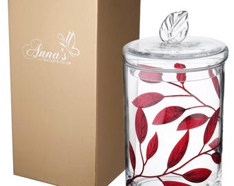 Handmade Mouth-Blown Glass Storage Jar with Lid, Luxury Red Etched Leaves, Kitchen/Bathroom Decor, 11.4 in (29 cm)