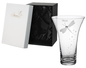 Dragonfly Vase - Hand Blown Glass Vase - Crystal from Swarovski & Etched Dragonfly, Clear Glass - 9.4 in (24 cm)
