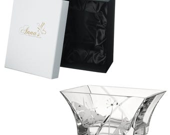 Small Hand-Blown Glass Bowl – Swarovski Crystals and Etched Butterflies – Clear Candy Dish/Fruit Bowl – Elegant Decor – 7 in (18 cm)