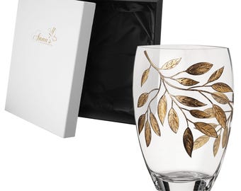 Large Hand Blown Glass Vase 30 cm - Etched & Painted Gold Leaves Decor - Almond Shape Vase Gold - 11.8 in