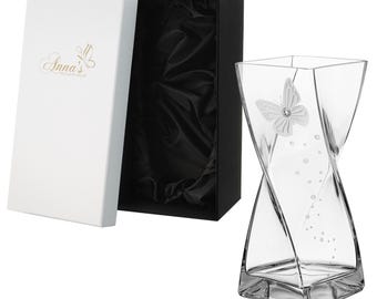 Butterfly Vase - Luxury Hand Blown Glass Vase - Crystal from Swarovski & Etched Butterfly, Clear Glass - 11.8 in (30 cm)