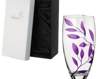 Luxury Hand Blown Glass Vase - Etched & Painted Purple Leaves - Unique Shape Vase Purple - 11.4 in (29 cm)