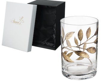 Mouth-Blown Hurricane Candleholder – Golden Etched Leaves – Elegant Wedding/Home Decor – Thick Glass – Decorative 8.7 in (22 cm)