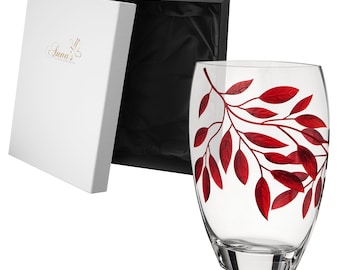 Large Hand Blown Glass Vase 30 cm - Etched & Painted Ruby Leaves Decor - Almond Schape Vase Red -11.8 in