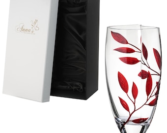 Luxury Hand Blown Glass Vase - Etched & Painted Ruby Leaves - Unique Shape Vase Red - 11.4 in (29 cm)
