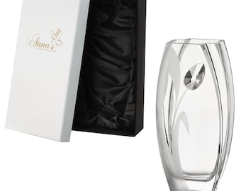 Luxury Hand Blown Glass Vase - Large Crystal from Swarovski & Etched Tulip Flower, Clear Glass - Satin Gift Box - 10.2 in (26 cm)