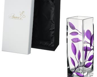Luxury Hand Blown Glass Vase - Etched & Painted Purple Leaves - Square Vase Purple - 9.8 in (25 cm)