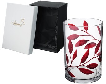 Decorative Hurricane Candleholder with Etched & Painted Leaves - Elegant Home Wedding Decor - Mouth Blown Thick Glass - 8.7 in (22 cm) (Red)