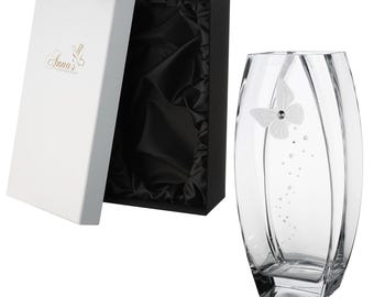 Butterfly Vase - Luxury Hand Blown Glass Vase - Crystal from Swarovski & Etched Butterfly, Clear Glass - Satin Gift Box - 12.6 in (32 cm)