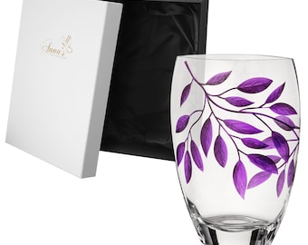 Large Hand Blown Glass Vase 30 cm - Etched & Painted Purple Leaves Décor - Almond Shape Vase Purple - 11.8 in