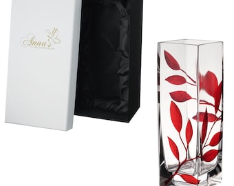 Luxury Hand Blown Glass Vase - Etched & Painted Ruby Leaves - Square Vase Red - 9.8 in (25 cm)