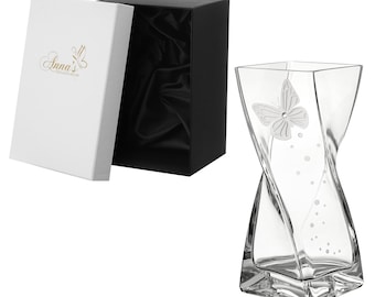 Butterfly Vase - Luxury Hand Blown Glass Vase - Crystal from Swarovski & Etched Butterfly, Clear Glass - 7.9 in (20 cm)