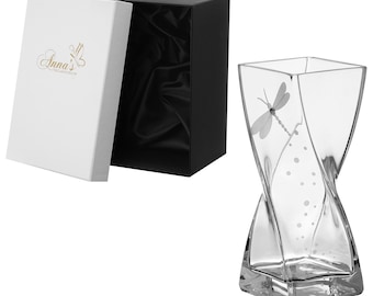 Dragonfly Vase - Luxury Hand Blown Glass Vase - Crystal from Swarovski & Etched Dragonfly - Suqare Clear Vase - 7.9 in (20 cm)