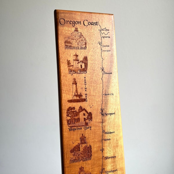 Vintage Laser Engraved Oregon Coast Lighthouses Landmarks Myrtlewood Wall Plaque | The Wooden Nickel 3.75" x 16”