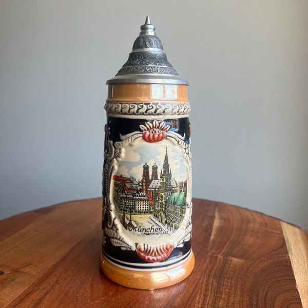 Vintage BR Lidded Beer Stein, Germany | Hand Painted Stoneware Tankard .5 Liter,  ' München Marienplatz' 9” H