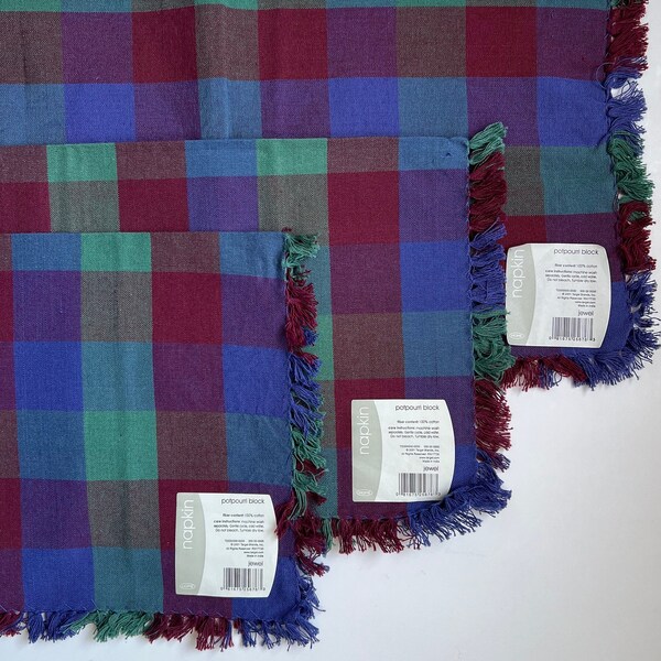 Vintage Cloth Napkins, Check Plaid Fringe 100% Cotton - 19" x 20" India | Blue, Green, Red - New Old Stock, 2001