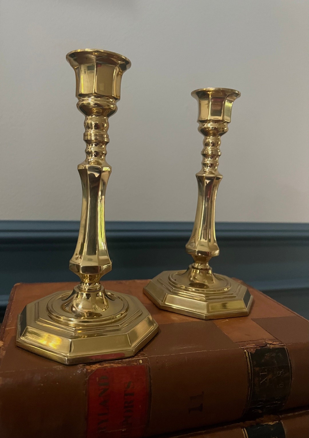 Vintage Solid Brass Candlestick Holders Valsam Octagon Base, Pair of Taper Candle Holders