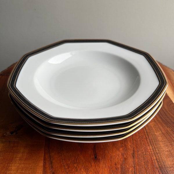4 Christopher Stuart Black Dress Fine China Large Rim Soup Bowls 9-3/8”, Octagonal Shape