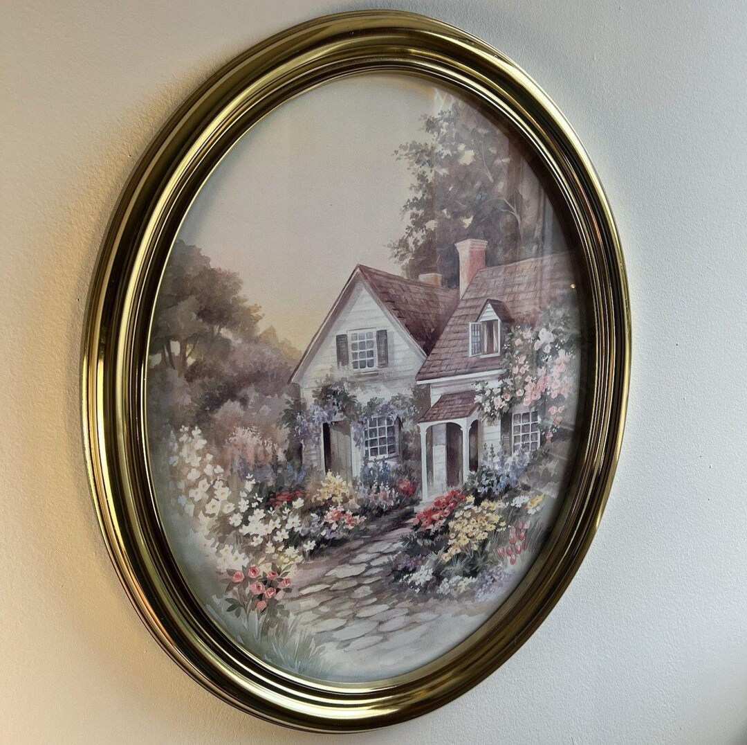 Vintage 16x20 Home Interiors Homco Oval Gold Frame W/cottage Art ...