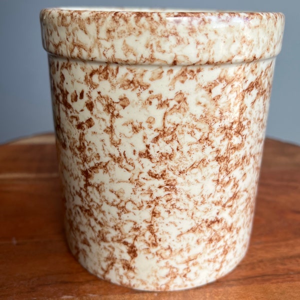 Vintage Friendship Stoneware Pottery Crock, Roseville, OH | 1 QT Crock, Utensil Holder - Ivory (Cream), Amber - Spongeware, 5-3/8” H