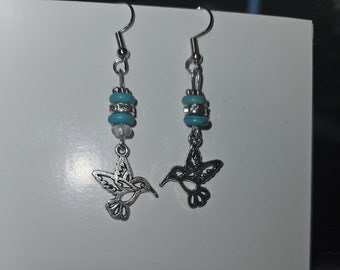 Silver Humming bird and  faux turquoise  drop /dangle earrings