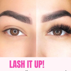 May include: Before and after photos of a person's eye with eyelash extensions. The image shows the difference between natural eyelashes and eyelashes with extensions. The text on the image reads "LASH IT UP! Cómo llevar tu marca de extensiones de pestañas al siguiente nivel WWW.LULUBEAUTYSPA.COM Lu BEAUTY SPA"