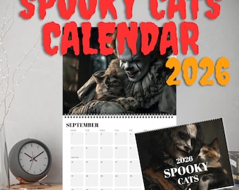 Spooky Cats 2026 Wall Calendar - White Elephant Gift for Horror Movie Fans and Scary Film Lovers, Great Spooky Halloween Gift for Cat Lovers