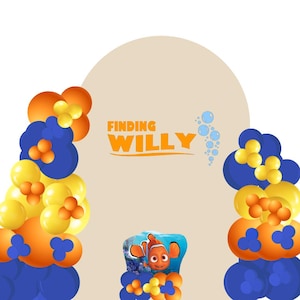 Op de afbeelding: Een decoratieve ballonnenboog in blauw, oranje en geel, met de tekst "Finding Willy". Een Nemo-personage is in het midden te zien. Het ontwerp staat op een witte achtergrond.