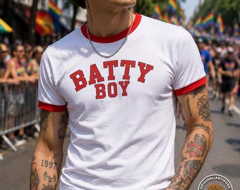 Batty Boy ringer tee | Retro collegiate text shirt