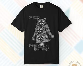 Stacked Raccoon Illustration T-Shirt | Vintage Wildlife Graphic Multitudes Walt Whitman