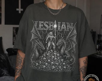 Lesbian Warrior Graphic T-shirt | Dragon Skull Pile Fantasy Design