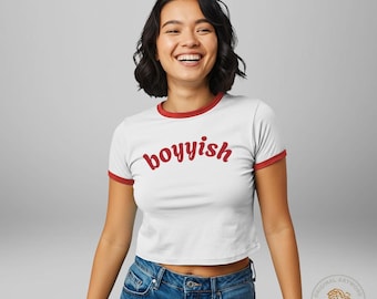 boyyish tee | Women's Ringer Tee, retro script, black and white