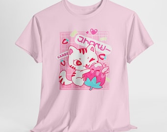 Kawaii Pink Cat T-Shirt | Anime Kitty Eating Candy