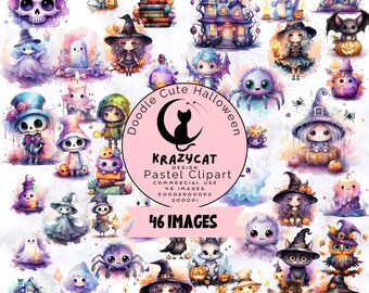 Könnte beinhalten: Ein Set mit 46 digitalen Clipart-Bildern mit niedlichen Halloween-Charakteren und -Objekten in Pastellfarben. Die Bilder beinhalten eine Hexe, ein Gespenst, eine Spinne, eine Katze, einen Kürbis, einen Schädel, ein Spukhaus und vieles mehr. Die Bilder sind perfekt für die Verwendung in digitalem Scrapbooking, Kartenherstellung und anderen kreativen Projekten.