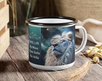 Enamel Camp Cup, Lion with Bible Verse, Outdoor Mug for Adventurers, Religious Camp Cup, Christian Gift, Enamel Camping Mug, Inspirational