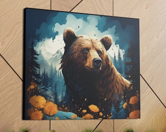 Puede incluir: Un oso marrón con un hocico oscuro se encuentra en un entorno boscoso. El oso está rodeado de árboles y follaje, con un cielo azul y morado en el fondo.