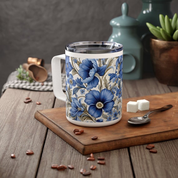 Blue Floral Pattern insulated coffee mug, travel mug, acrylic lid, favorite  beverage cup, BPA-free stainless steel body, morning brew cup,