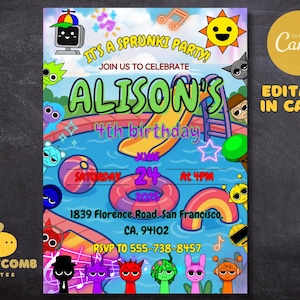 Invito di compleanno per festa in piscina Sprunki / Modello modificabile per festa estiva per bambini su Canva / Download digitale di cartoni animati / Invito personalizzato stampabile