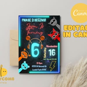 Sprunki Weltraum-Geburtstagseinladung, bunte anpassbare Kinder-Geburtstagskarte, lustiges Kinderparty-Thema, digitales Einladen, Canva bearbeitbar, DIY