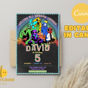 Invitación de cumpleaños editable de Rainbow Friends Kids, invitación de cumpleaños para niños imprimible, tema divertido y juguetón de dibujos animados/juegos, descarga instantánea, bricolaje