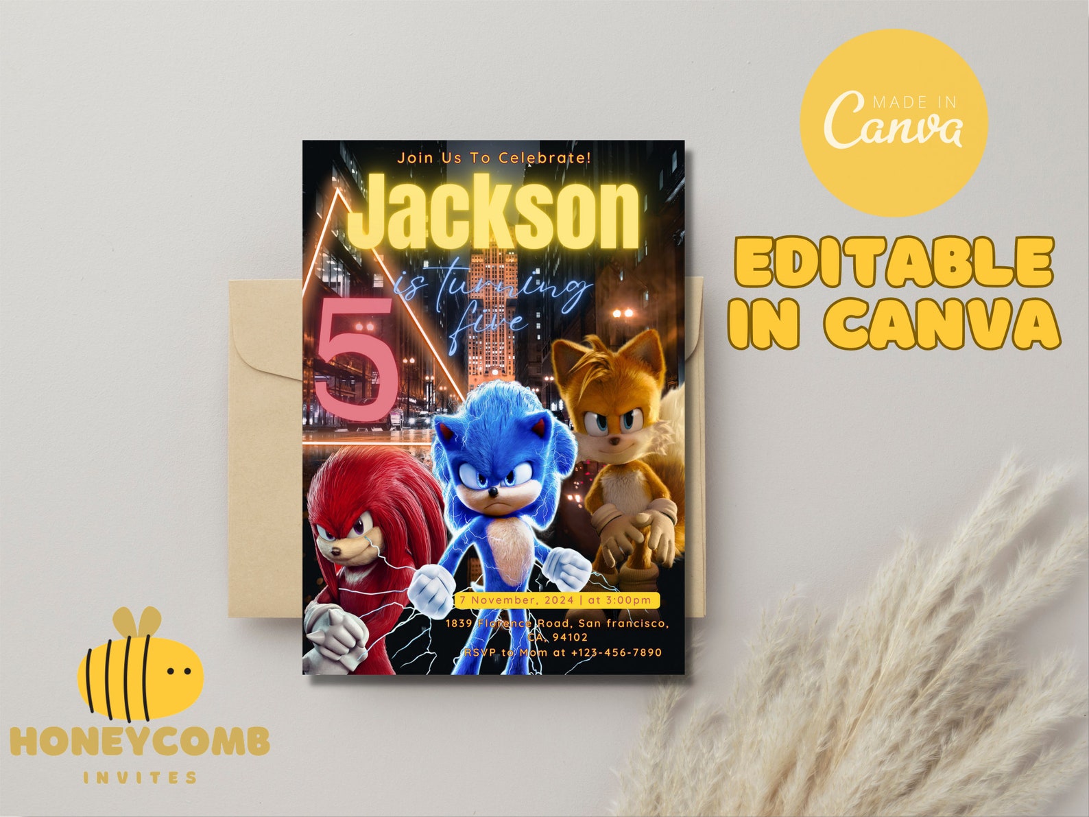 Sonic the Hedgehog Birthday Invitation, Sonic, Tails, and Knuckles City ...